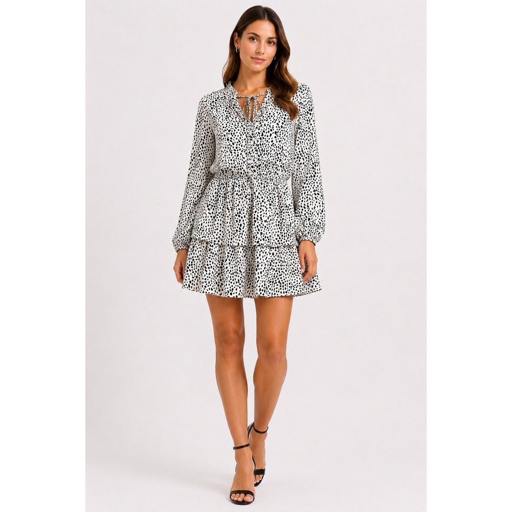 Anna-Kaci California Dalmatian Print Ruffle Mini Dress Black White Long Sleeve L
